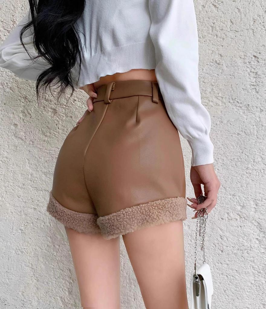 Women's Coffee Ruffled Winter Lamb Wool High-Waist Wide-Leg Retro Booty Shorts