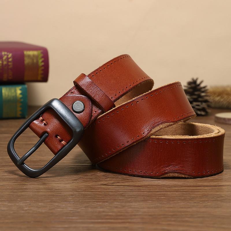 Ретро Ручной работы Плиссированный Корейская версия Персонализированный Ремень Мужской Натуральная Кожа Пряжка-булавка Первый слой Коровья кожа Тренд Мода Коровья кожа Ремень 100cm