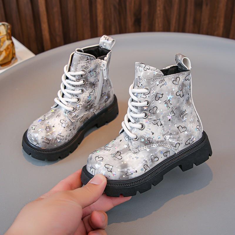 2025 Autumn and Winter New Bright Leather Printed Children's Martin Boots Girls Round Head Medium Leather Boots Boys Boots Tide