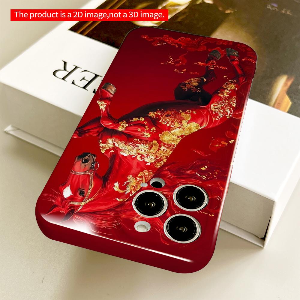 2DFlat Red Horse with Golden Dragon Motif Phone Case All inclusive film hard phone case, compatible with iPhone 18 Pro Max 17 16 15 14 13 12 11