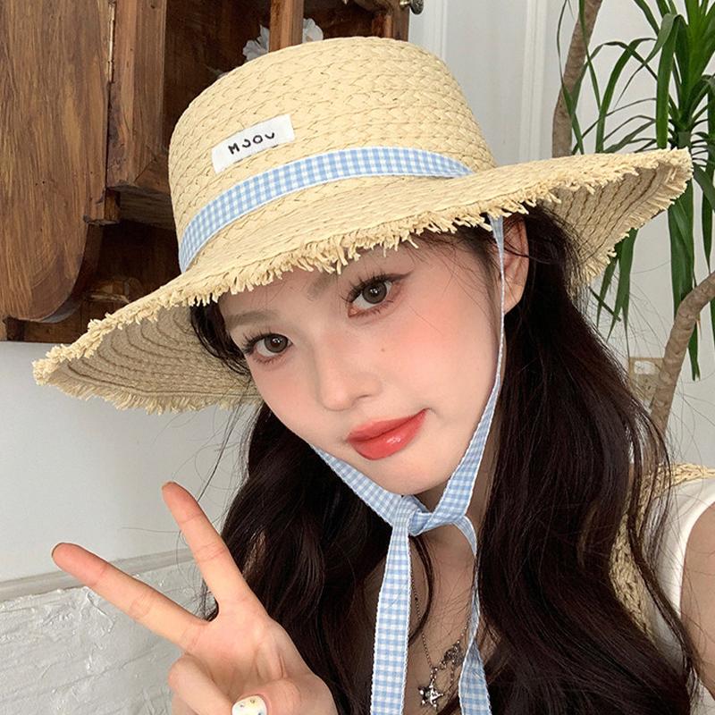Women'S Wide-Brimmed Straw Hat Beach Sun Hat New Fashionable Sun Protection Floral Lace Bow Breathable Summer Hat