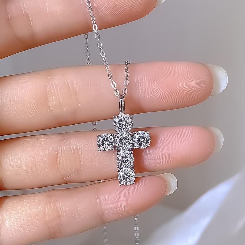 Women's Geometric 925 Sterling Silver Cross Pendant Necklace with 3 Carat Moissanite