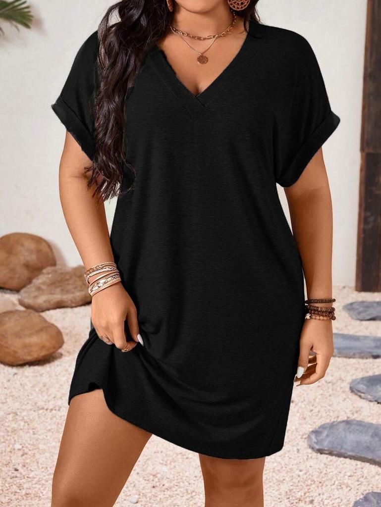 2026 European & American Women's Slim-Fit V-Neck Solid Color Short-Sleeve Dress for Spring/Summer