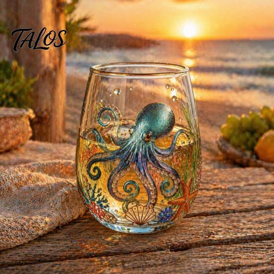 Functional Collectible Glass Cup Ocean-Themed Cup, Jellyfish/Dolphins/Sea Turtles/Octopus Hand-Painted, Thickened Drinking Safe Glassware for