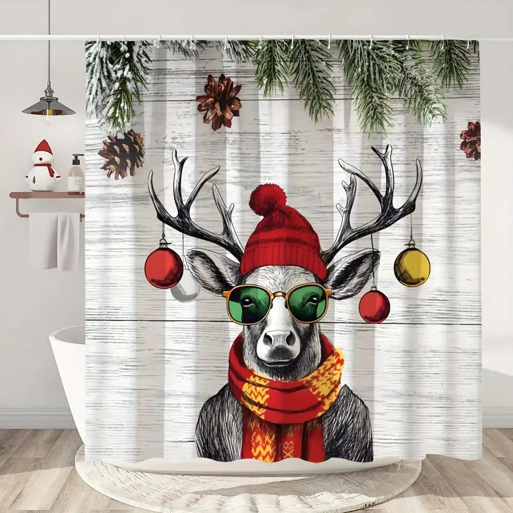 Happy Christmas Holiday Shower Curtain Christmas Tree Cedar Holiday Gift Polyester Home Shower Curtain Bathroom Decor with Hooks