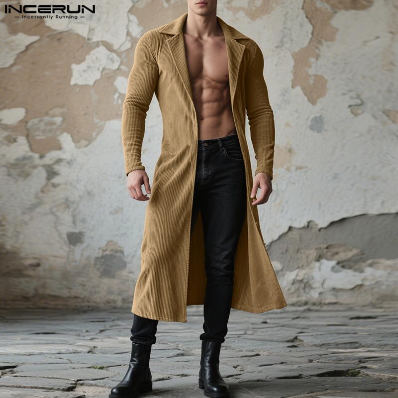 INCERUN Autumn Winter Men Lapel Neck Long Sleeve Open Front Long Corduroy Cardigan Coatsx