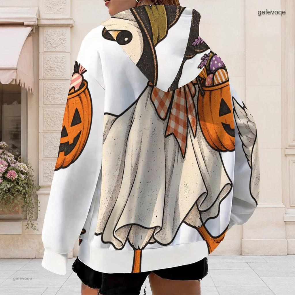 Women Plus Size Zip Up Long Sleeve Hoodie Drawstring Hood Pockets Halloween Cartoon Print Sweatshirt