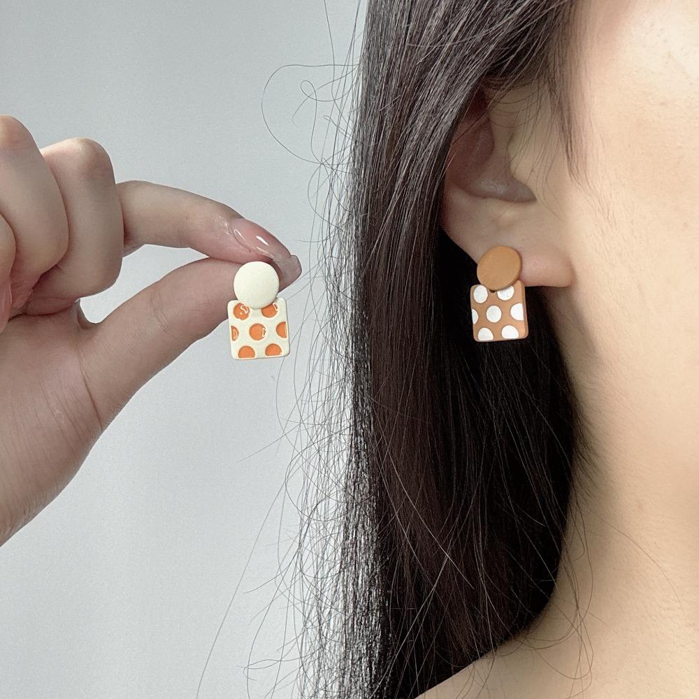 Retro Cute Red Asymmetrical Polka Dots Geometric Square Round Splicing Stud Earrings for Women Daily Wear Trendy Jewelry Gifts