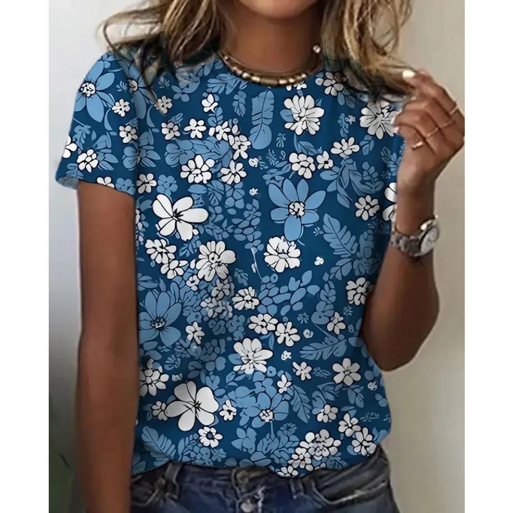 Comfortable Simple Women's Flower Printed Top Casual Breathable Short Sleeve Fashionable Versatile T-Shirts Women’s