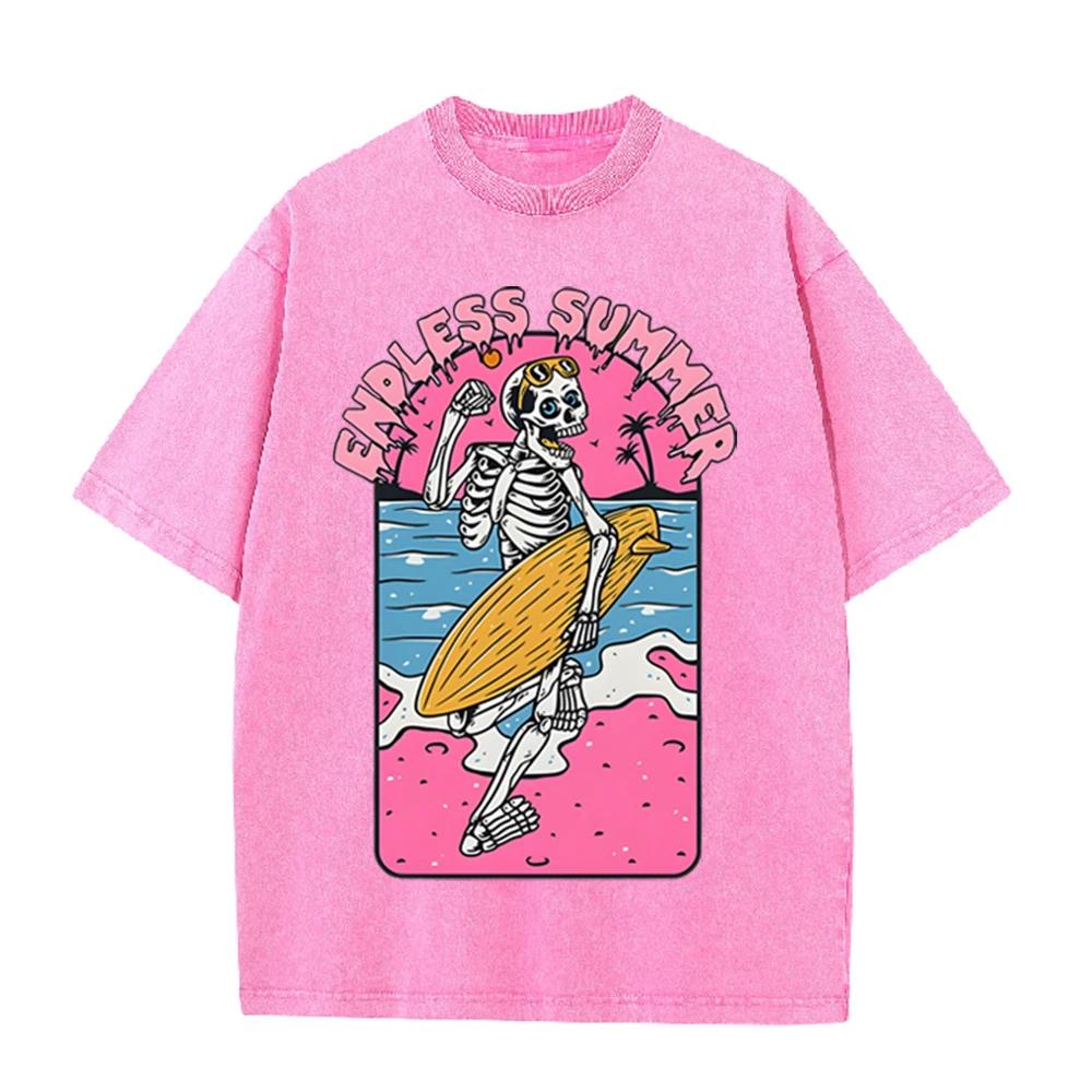 2026 Vintage Skeleton Surfer Endless Summer Graphic Black Acid Washed T Shirt Pink Beach Palm Tree Retro Cartoon Oversized Unise