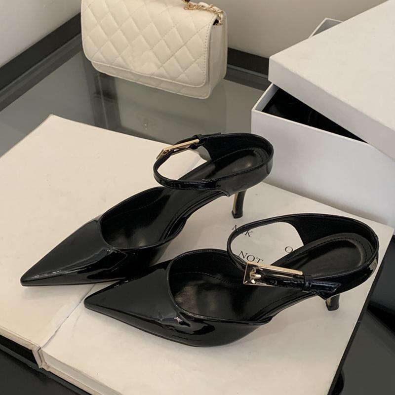 Liyke Cozy Lakované kožené vysoké podpatky Dámské lodičky S přezkou Mules Pantofle Sexy špičatá špička Svatba Banket Dámská obuv Sandál