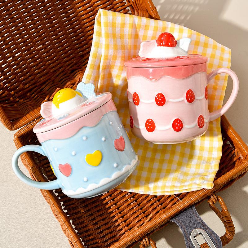 Cream Cake Mug Ceramic Water Cup with Lid Cup Cute Cartoon Girl Good-looking Bestie Birthday Gift