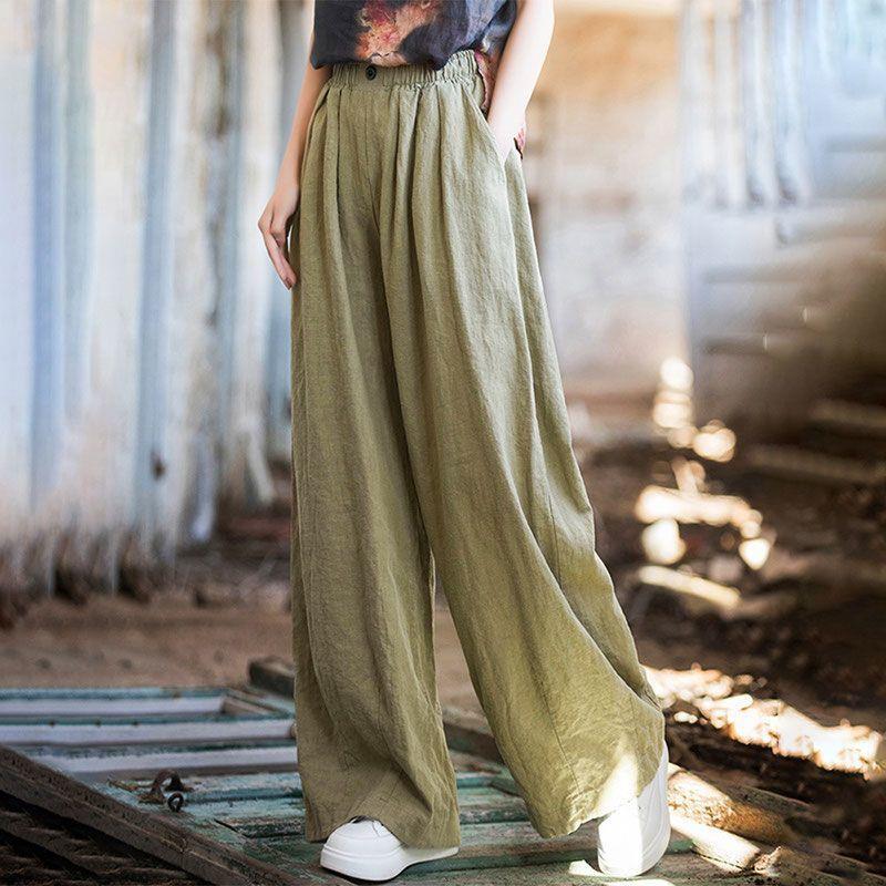 

2025 Spring High-Waist Wide-Leg Cotton Linen Trousers in Grass Ash 5XL for 92.5-100 kg