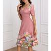 Women Floral Print V Neck Short Sleeve High Waist Fitted Bodycon Midi Dress