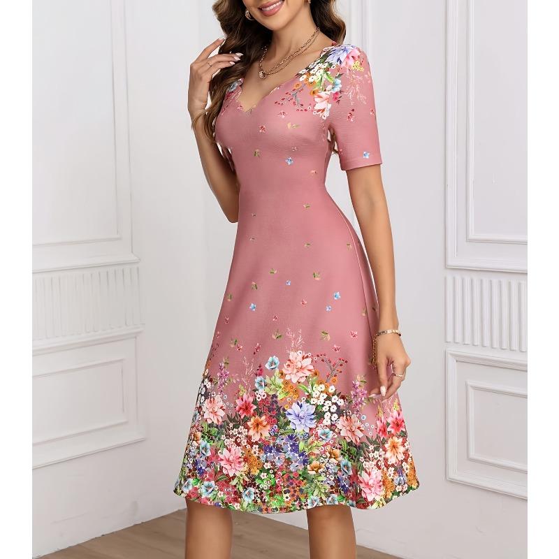 Women Floral Print V Neck Short Sleeve High Waist Fitted Bodycon Midi Dress