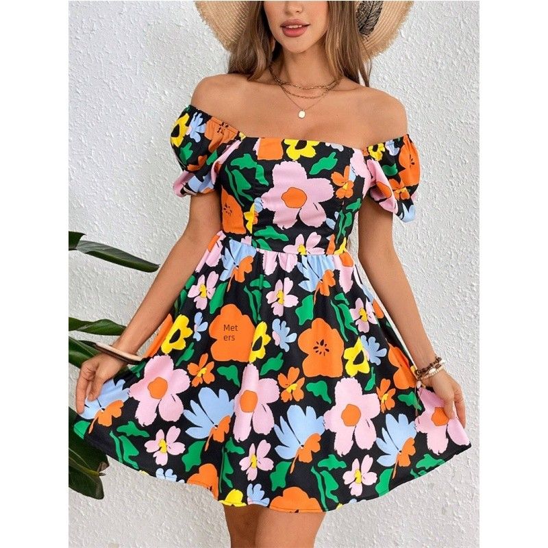 

Summer Women Dress Fashion Print Ladies Skirt Summer Fashion Dress Yellow flowers with black background 2XL