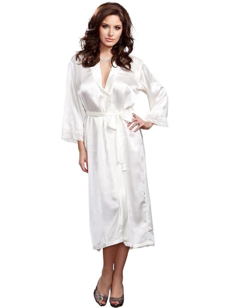 Long Satin Robe with Lace Trim – European & American Sexy Lingerie Nightgown