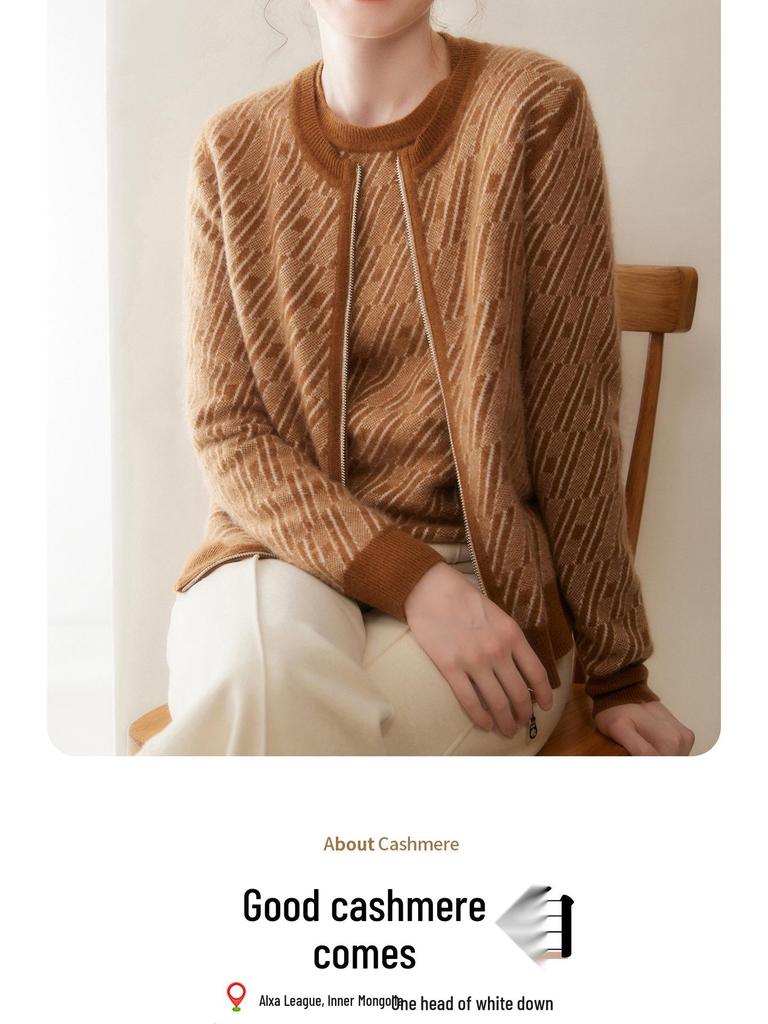 Women's Cashmere Zip-Up Cardigan - Color-Block Jacquard, Autumn/Winter Collection, Round Neck Knit Sweater