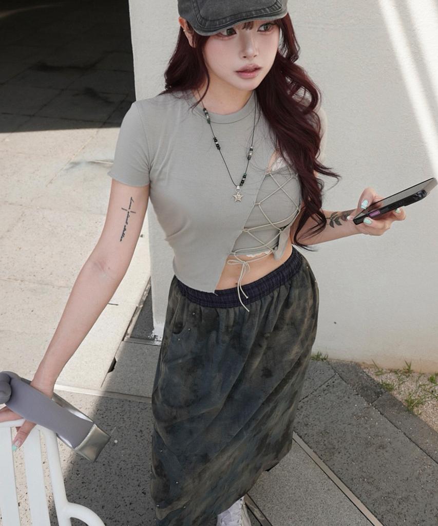 PLASMA SPHERE Tornado Check Studded Sweat Maxi Skirt_2 Colors