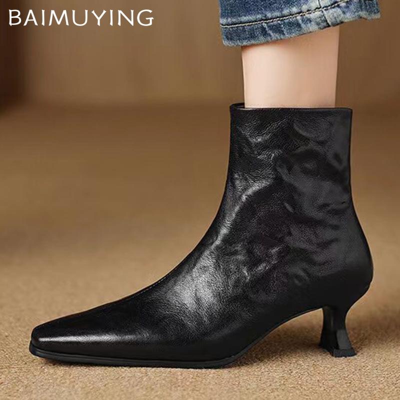 Spitze Zehenpartie Damen Stiefeletten Leder Elegant Designer Mittelhohe Absätze Schuhe Neue Marke Trend Winter Klassische Pumps Botas De Mujer