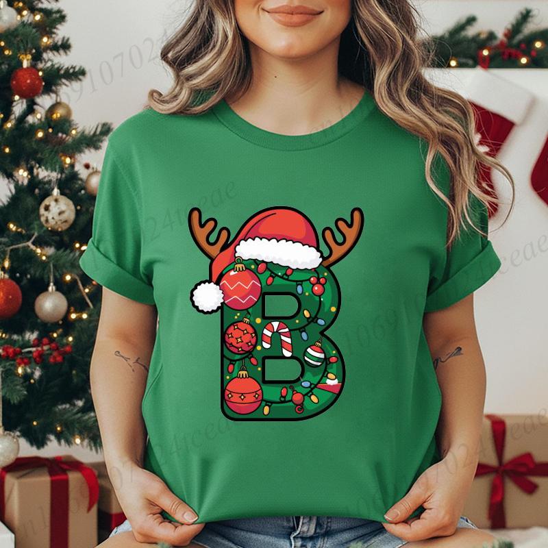 Fashion Printed T Shirt Festive Christmas Alphabet Letter with Santa Hat Women T Shirt Short Sleeves Crew Neck Female Clothes