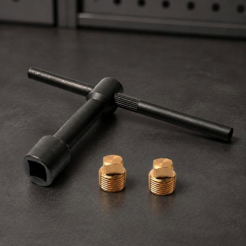 Marine Drain Stopper and Wrench Set with Brass Construction for Boat Drain Port Installation and Removal Tasks