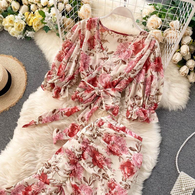 Vacation Two-Piece Set: Women's Tie-Up Chiffon Blouse & Mermaid Skirt