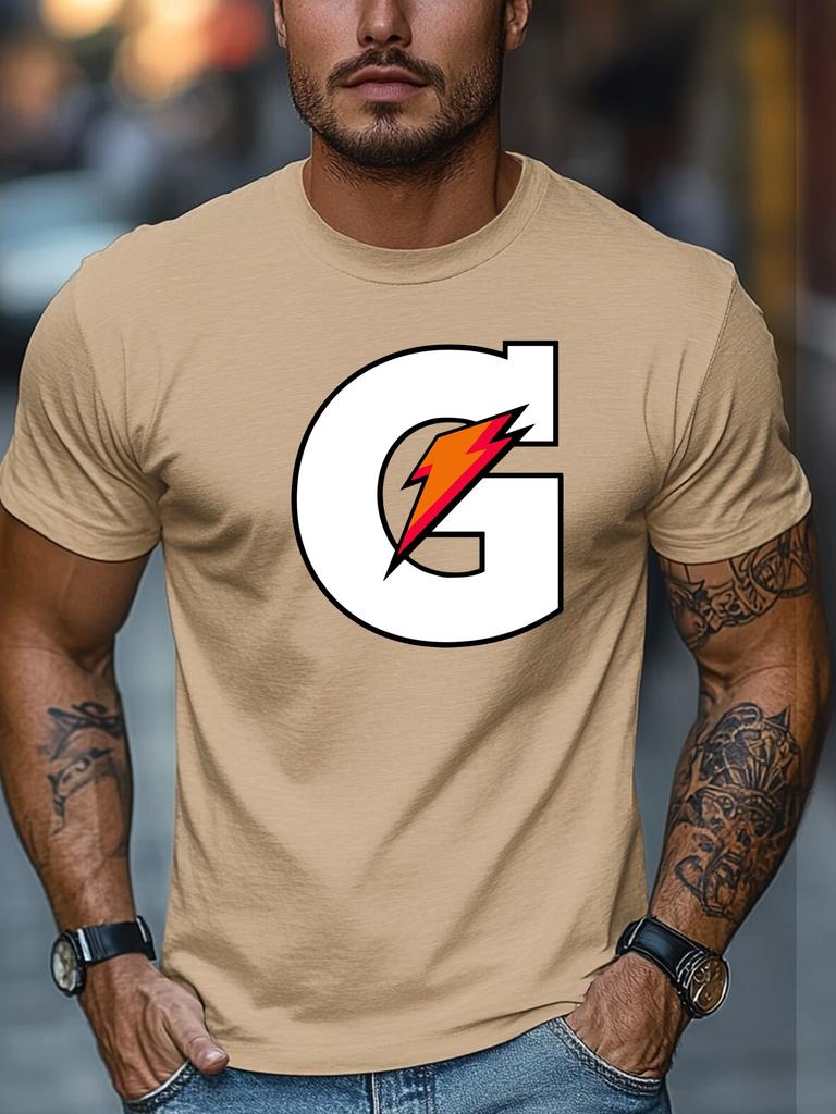 Mens Summer Sport TShirt Letter G Lightning Print Short Sleeve Round Neck Breathable Oversized Dynamic Daily Wear