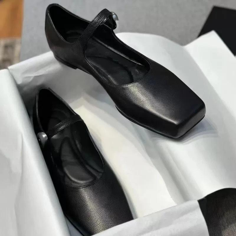 Leather French niche square head flat bottom one-word buckle with Mary Jane single shoes women's 2025 spring new ballet shoes