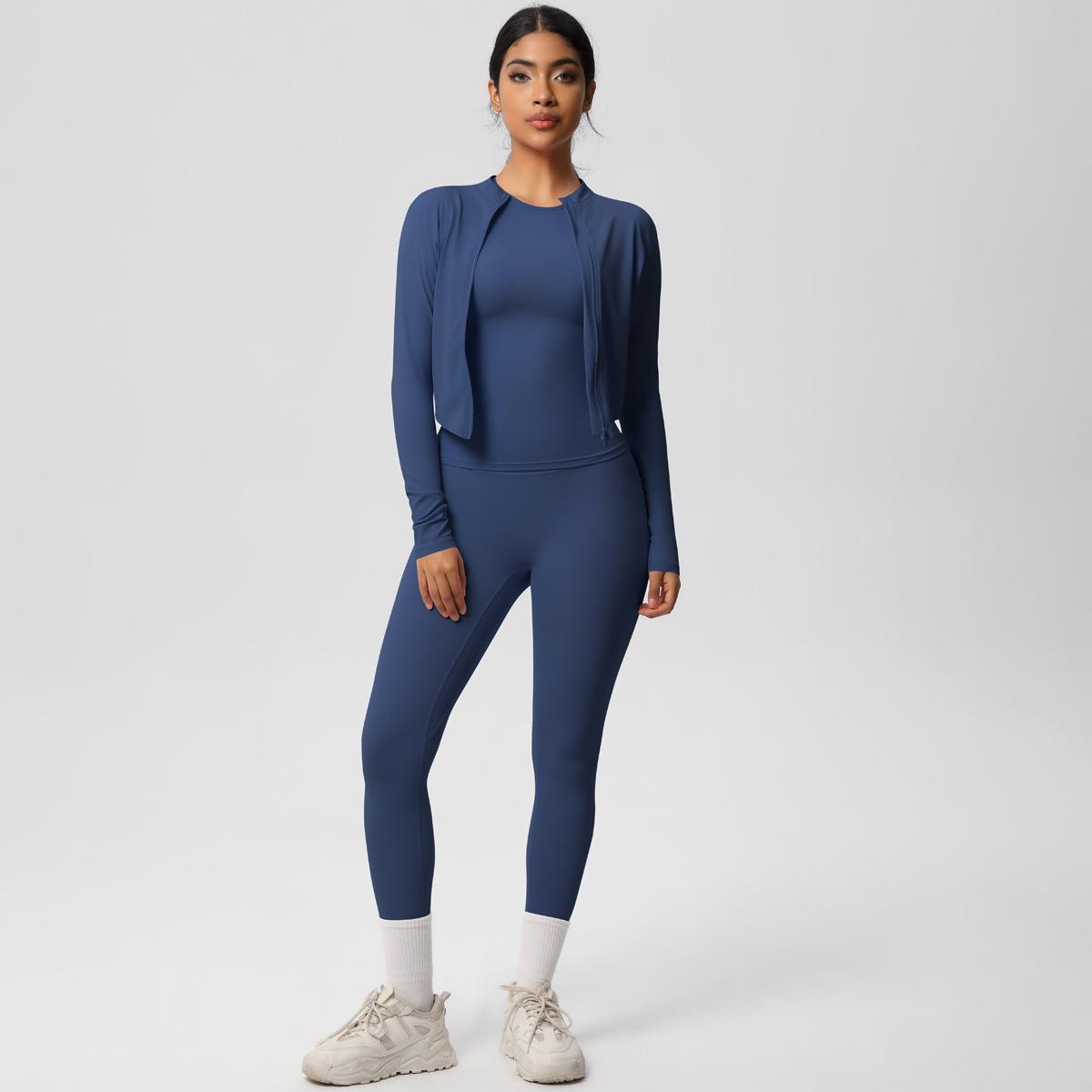 

Обнаженная однотонная приталенная куртка костюм для йоги для активного отдыха бега фитнеса быстросохнущий комплект из трех предметов для женщин M