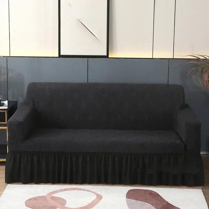 

1PC High Elastic Jacquard Polar Fleece Stretchy Sofa Cover with Skirt Hem, All Seasons Sofa Protector Decor for Pets Funda Sofa 1 Seat 90-140cm чорний