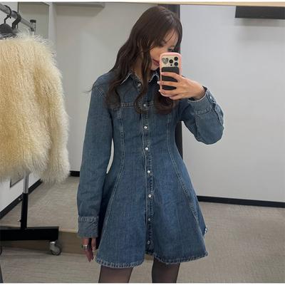 Άνοιξη Καλοκαίρι 2025 Γυναικεία Μόδα για Μετακινήσεις Μίνι Φόρεμα Μακρυμάνικο Ευέλικτο Μονόχρωμο Τζιν Φόρεμα Κομψό Άνετο Υλικό