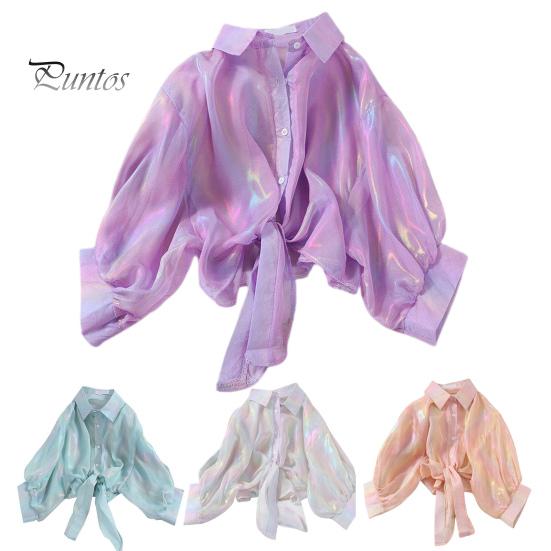 Women Sun Protection Shirt Lapel 3/4 Sleeve Rainbow Bright Color Shirt Single Breasted Bow Tie Style Top Thin Chiffon Shirt