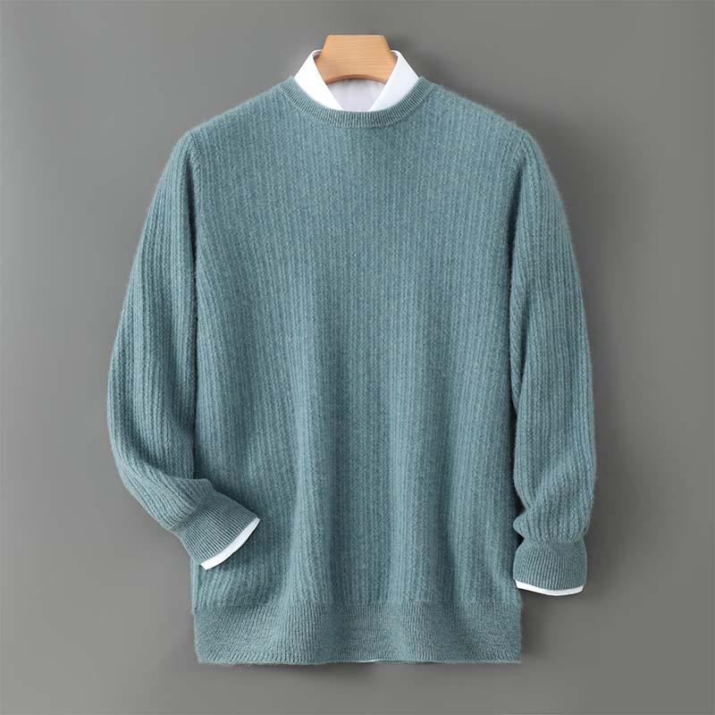 Men's Casual Round Neck Jacquard Wool Sweater - Loose Fit Pullover