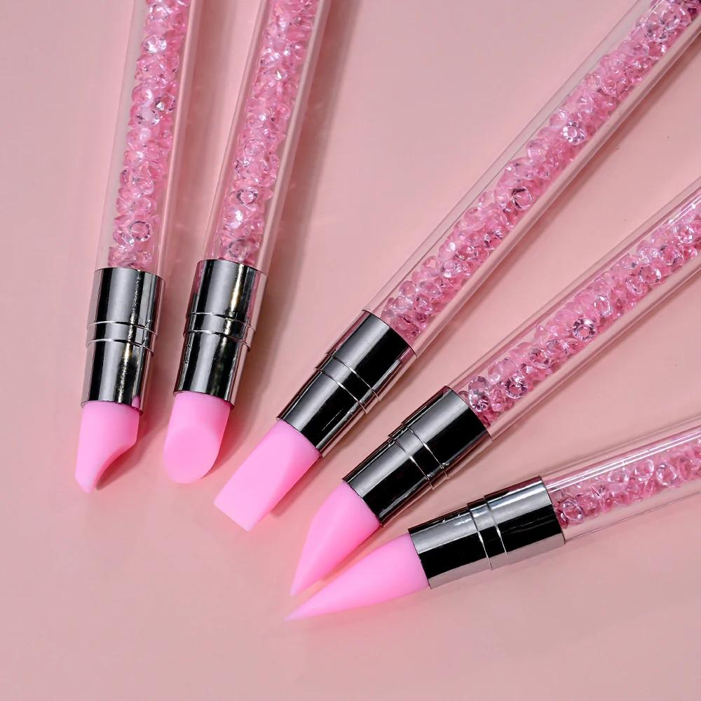 5 buc Pensule Roz cu Două Capete din Silicon pentru Nail Art Sculptură Flori 3D Băț de Lipici Pensulă pentru Embosare DIY Manichiură Pensulă pentru Puncte Nail Art