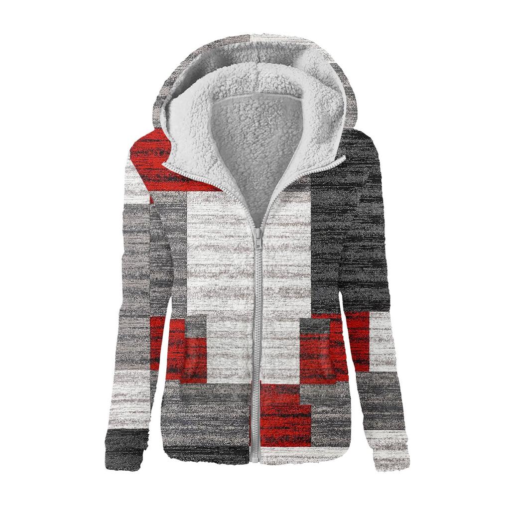 Damenmode Geometrischer Patchwork-Print Kapuzenplüsch Lässiges Oberteil Reißverschlussjacke