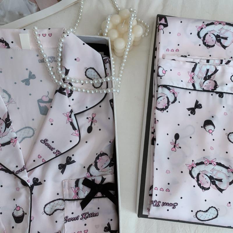 Goodnight Sleepy Cat: Women's Autumn/Winter Ice Silk Pajamas - Cartoon Kitten Print, Long Sleeve & Pants Set