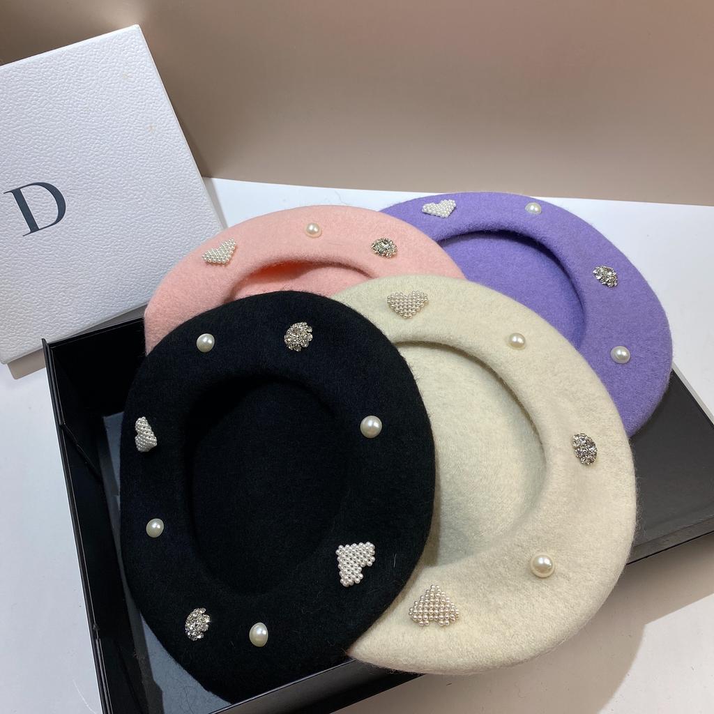 Foreign style sweet rhinestone painter hat autumn and winter versatile age-reducing socialite small fragrance pearl wool beret
