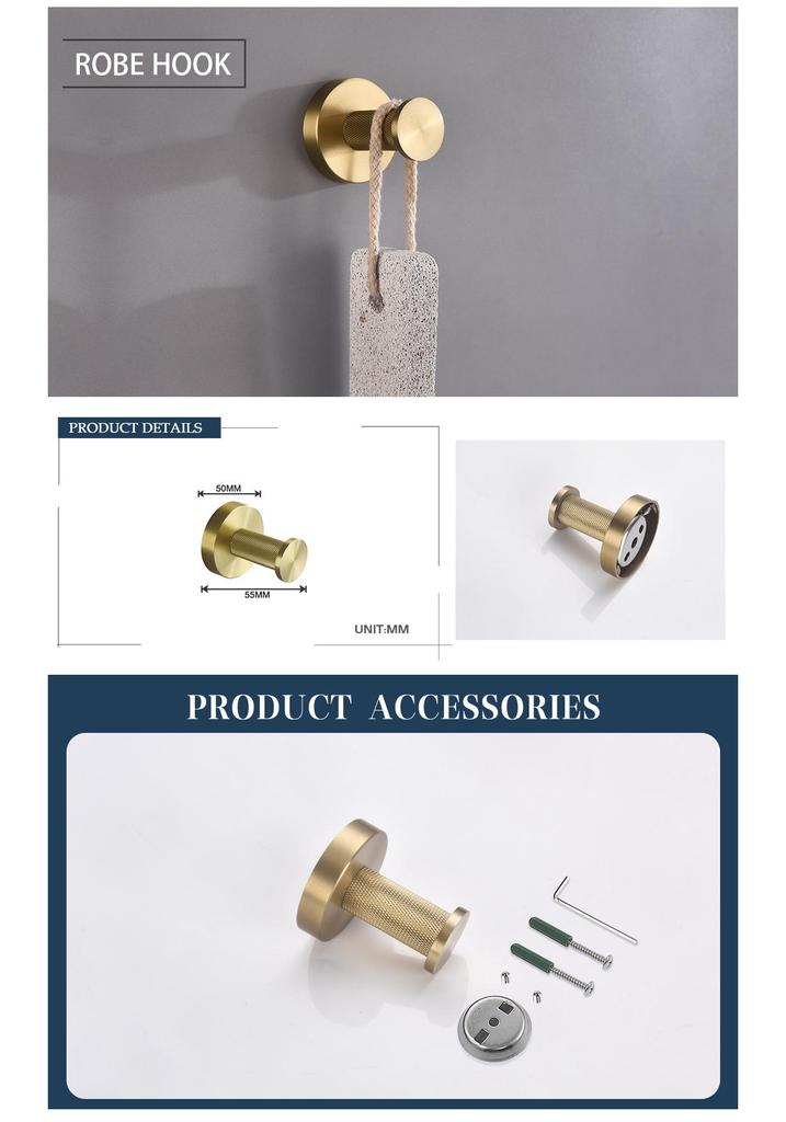 Luxury Brushed Gold Bathroom Accessory Set: Towel Rack, Bar, Paper Holder, Hook, Soap Dispenser.