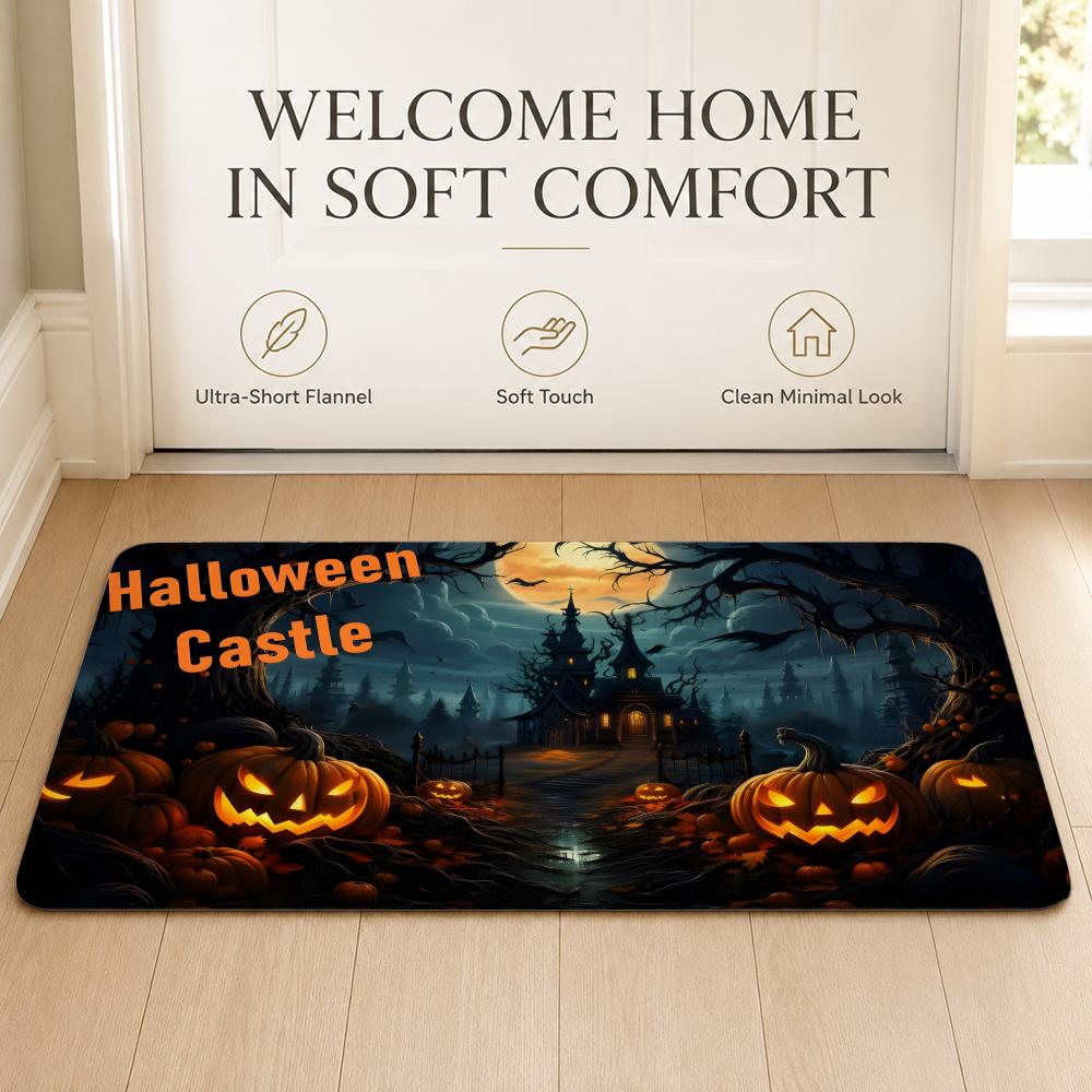 Pretty Happy Halloween Party Floor Mat Cozy Minimalist Flannel Area Rug Anti-Slip Washable Bedroom Living Room Decor