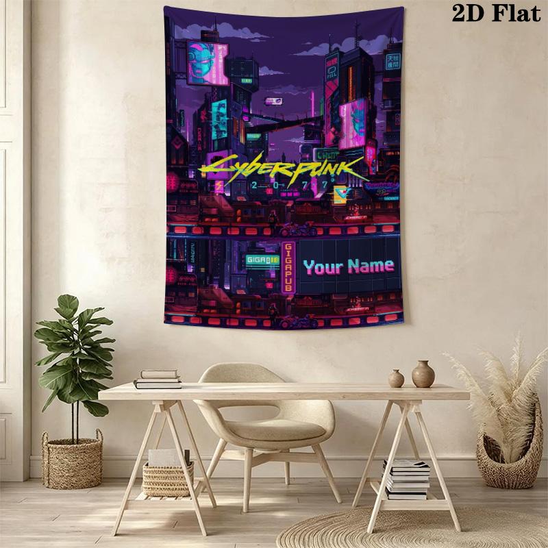 Name Custom Cyberpunk 2077 Wall Tapestry Aesthetic Wall Hanging Printed Fabric Blanket Decorative Tapestries for Bedroom Living Room Home Decor