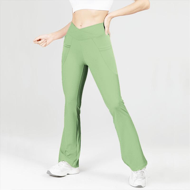 Sheer-effect Flared-leg Pocket Yoga Trousers: High-waisted, Bum-lifting, Slimming, Stretchy Fitness Trousers; Flared Wide-leg Sports Trousers
