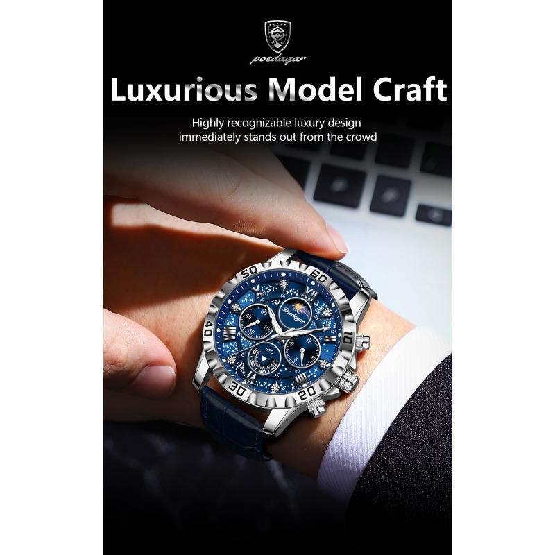 POEDAGAR Original Military Man Wristwatch Waterproof Luminous Chronograph Leather Strap Watches for Men Quartz Watch Reloj