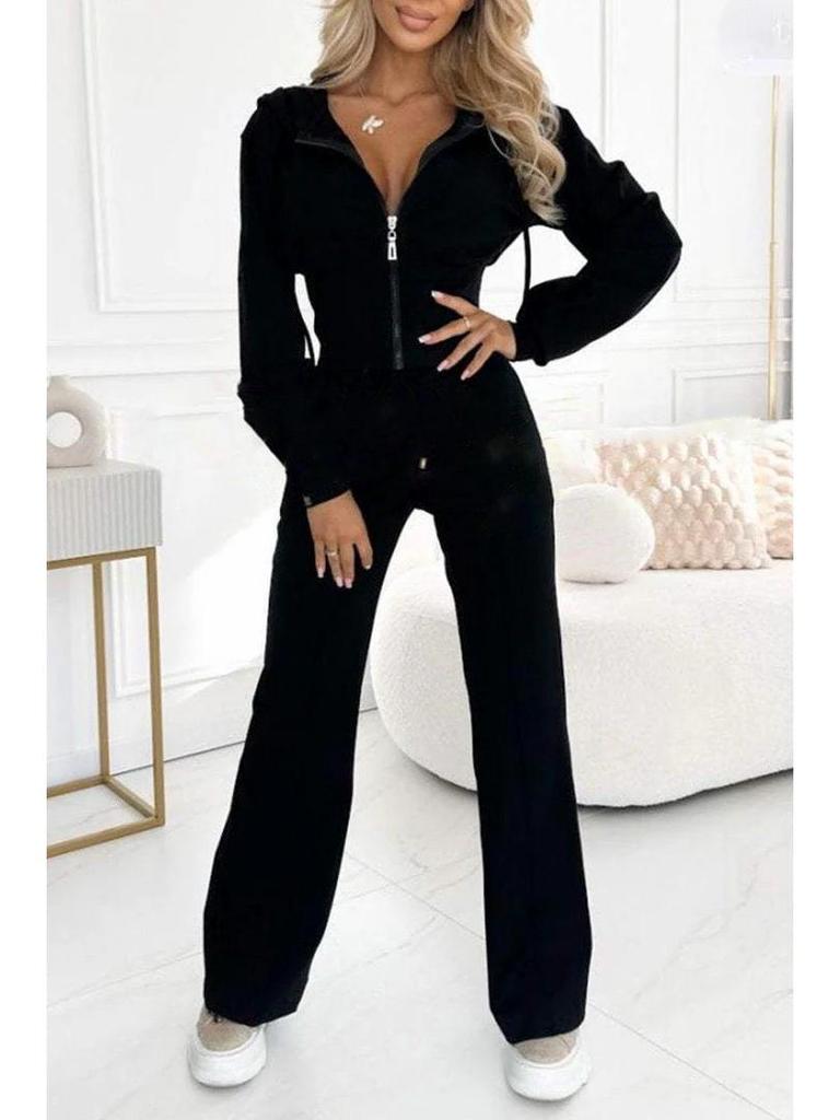 2024 Herbst/Winter Unifarbener Bodycon Zweiteiler mit Kapuzen-Reißverschlussjacke