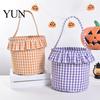 Easter Egg Hunt Carriers Halloween Basket, Plaid Ruffle Trick or Treat Candy Bucket with Handle Cloth Gift Bags for Birthdays Kids, Reusable