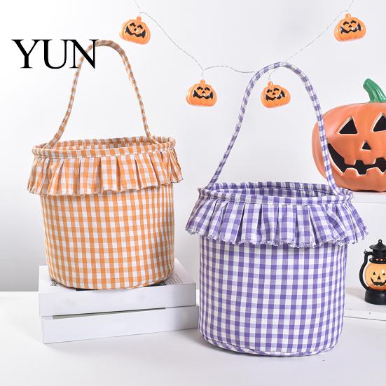 Easter Egg Hunt Carriers Halloween Basket, Plaid Ruffle Trick or Treat Candy Bucket with Handle Cloth Gift Bags for Birthdays Kids, Reusable