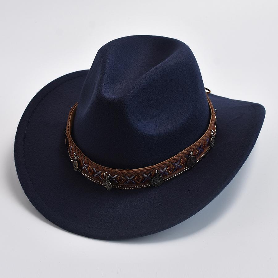 Unisex Winter Autumn Imitation Wool Felt Hat Vintage Western Cowboy Cowgirl Jazz Cap With Belt
