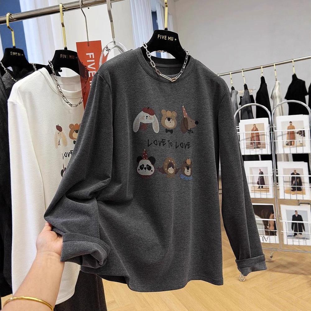 Women's Long Sleeve Top O Neck Casual Graphic Tee Loose Fit Cartoon Print Thermal Derun Fabric Winter Basic Shirt