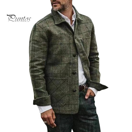 

Мужская куртка, пальто с лацканами, длинный рукав, клетчатый принт, пальто с накладным карманом, однобортная, свободный крой, повседневная верхняя одежда S зелёный