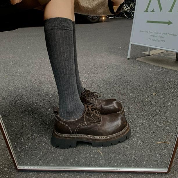 Sheepskin~ thick-soled lace-up loafers women's leather retro round head British college style with skirt thick heel small leather shoes cm